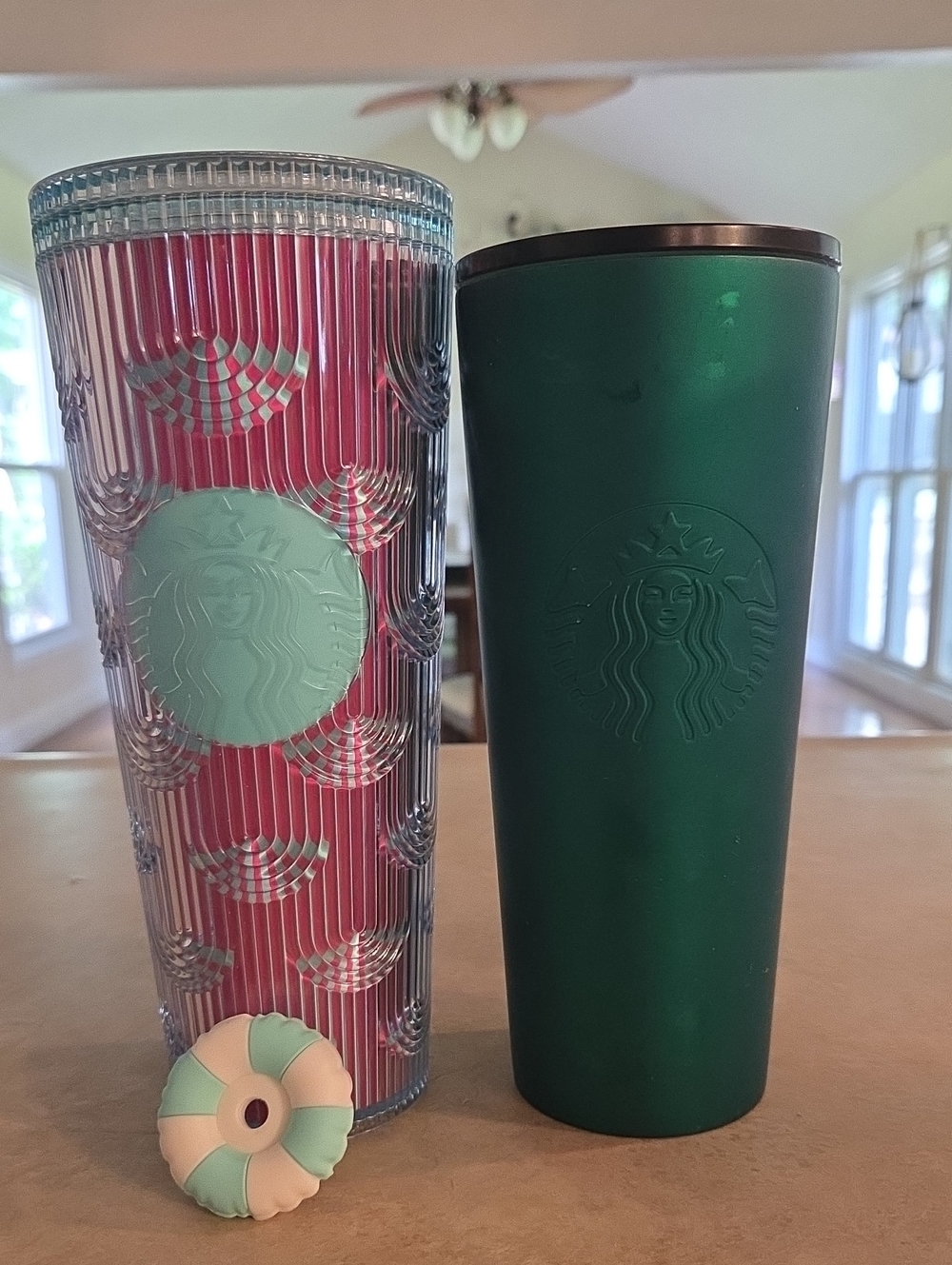 Starbucks Dark Green Matte Tumbler And Pink Summer Beach Tumbler No Straws